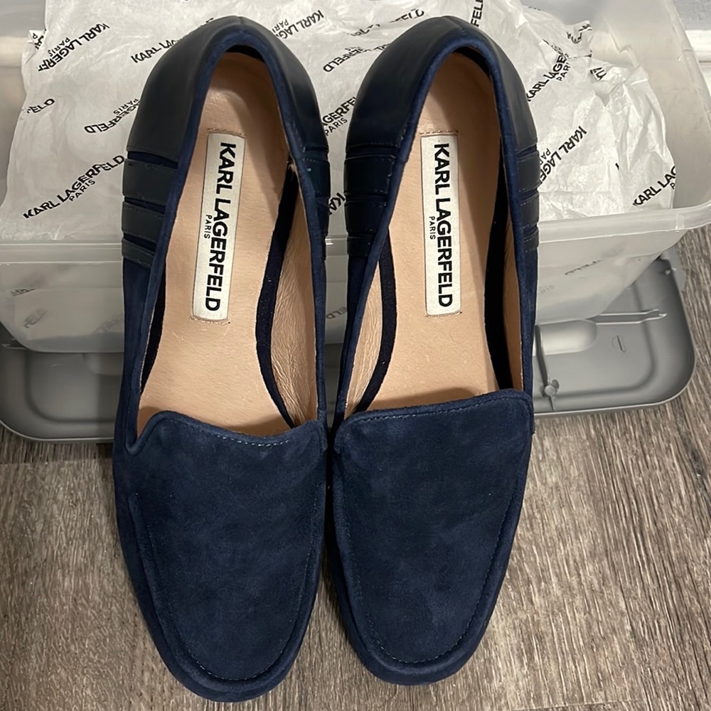 Dark Blue Karl Lagerfeld Suede Moccasins Size 6.5 Brand New